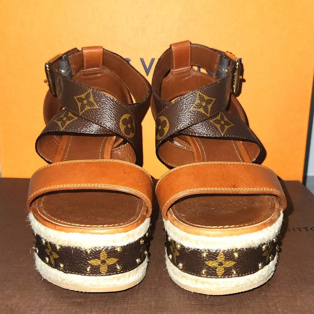 Louis Vuitton Brown Monogram Leather Platform Espadrille Sandals